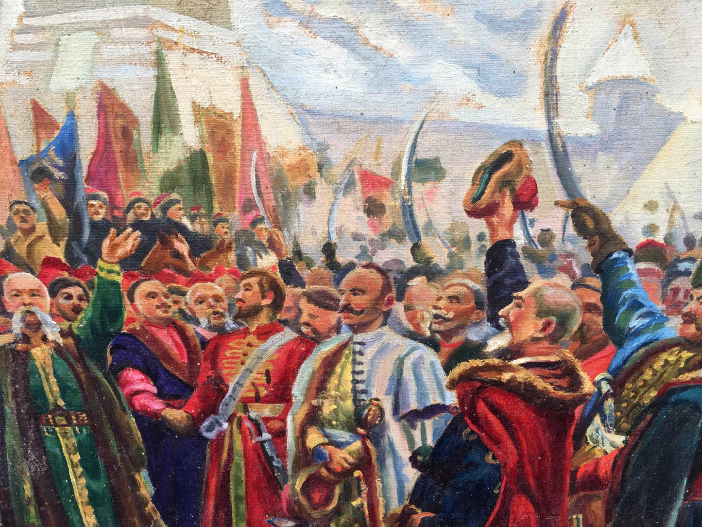 Vibrant oil painting of Ukraine R. reunification with medieval crowd and flags