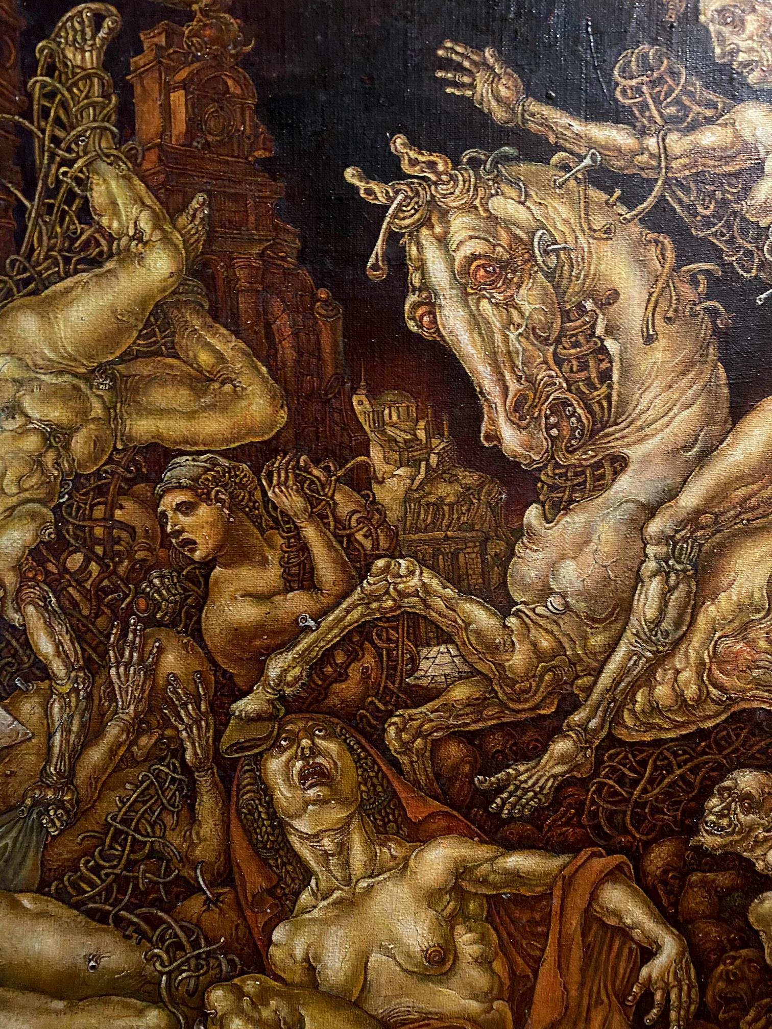 Haunting oil painting of skeletal mechanical horse by Oleg Litvinov