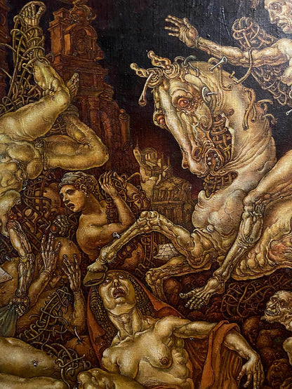 Haunting oil painting of skeletal mechanical horse by Oleg Litvinov