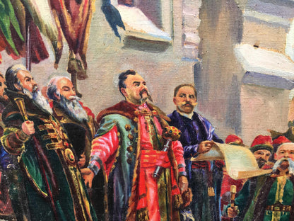Oil painting of Ukraine R. reunification in vibrant period attire