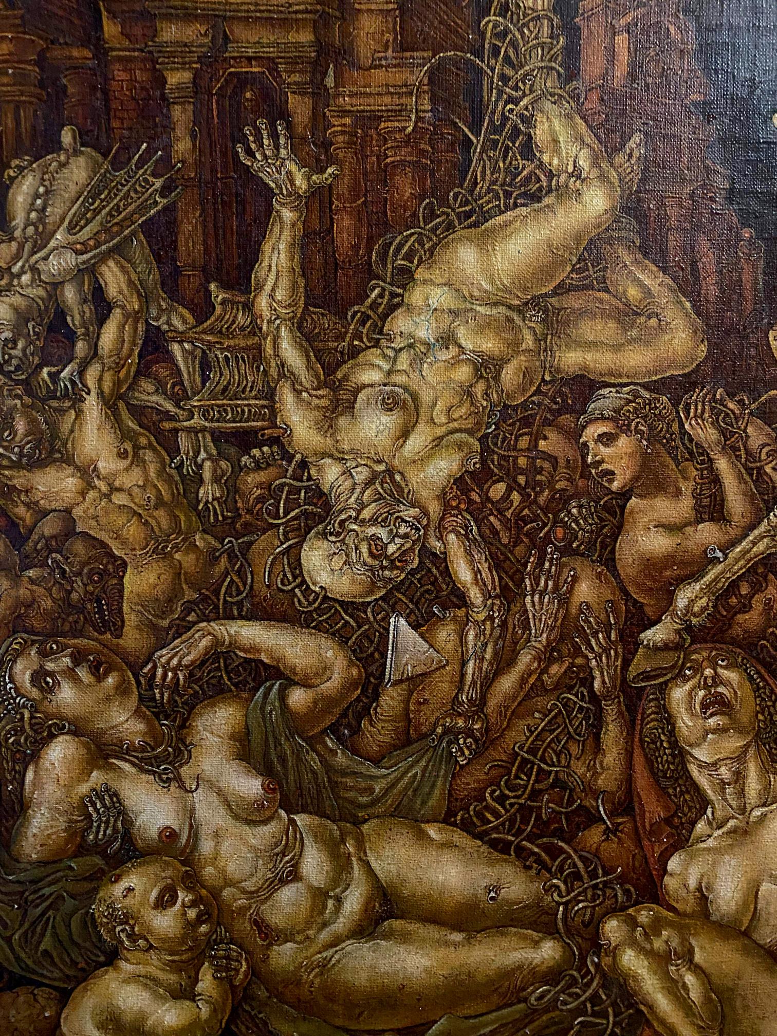 Dark intricate oil painting by Oleg Litvinov: tortured figures in chains, chaotic death celebration