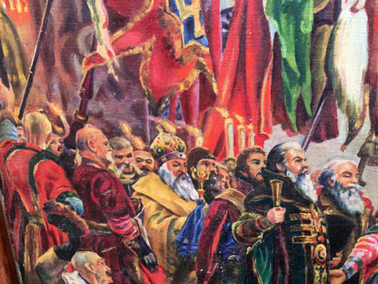 Vibrant oil painting of Ukraine-R. reunification medieval procession