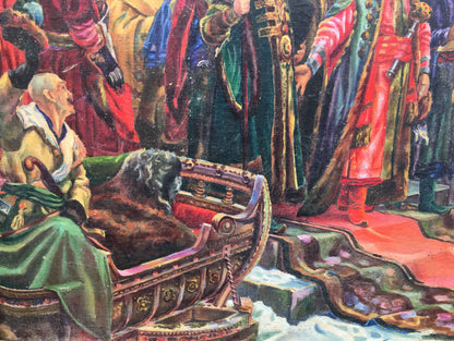 Oil painting The reunification of Ukraine and R.: ornate wooden sleigh with red green upholstery gold details