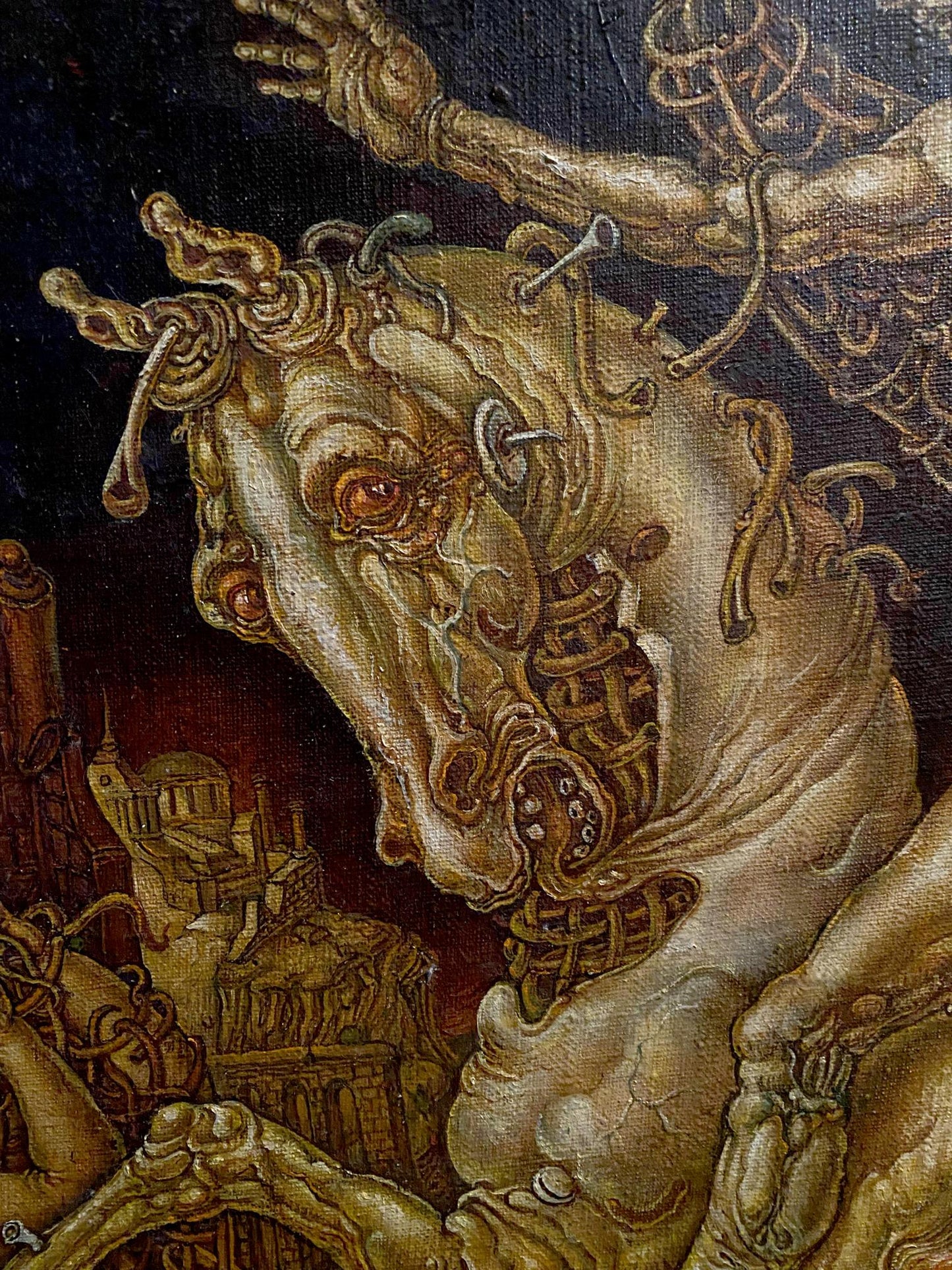 Oil painting The celebration of death is underway by Oleg Litvinov grotesque golden creature