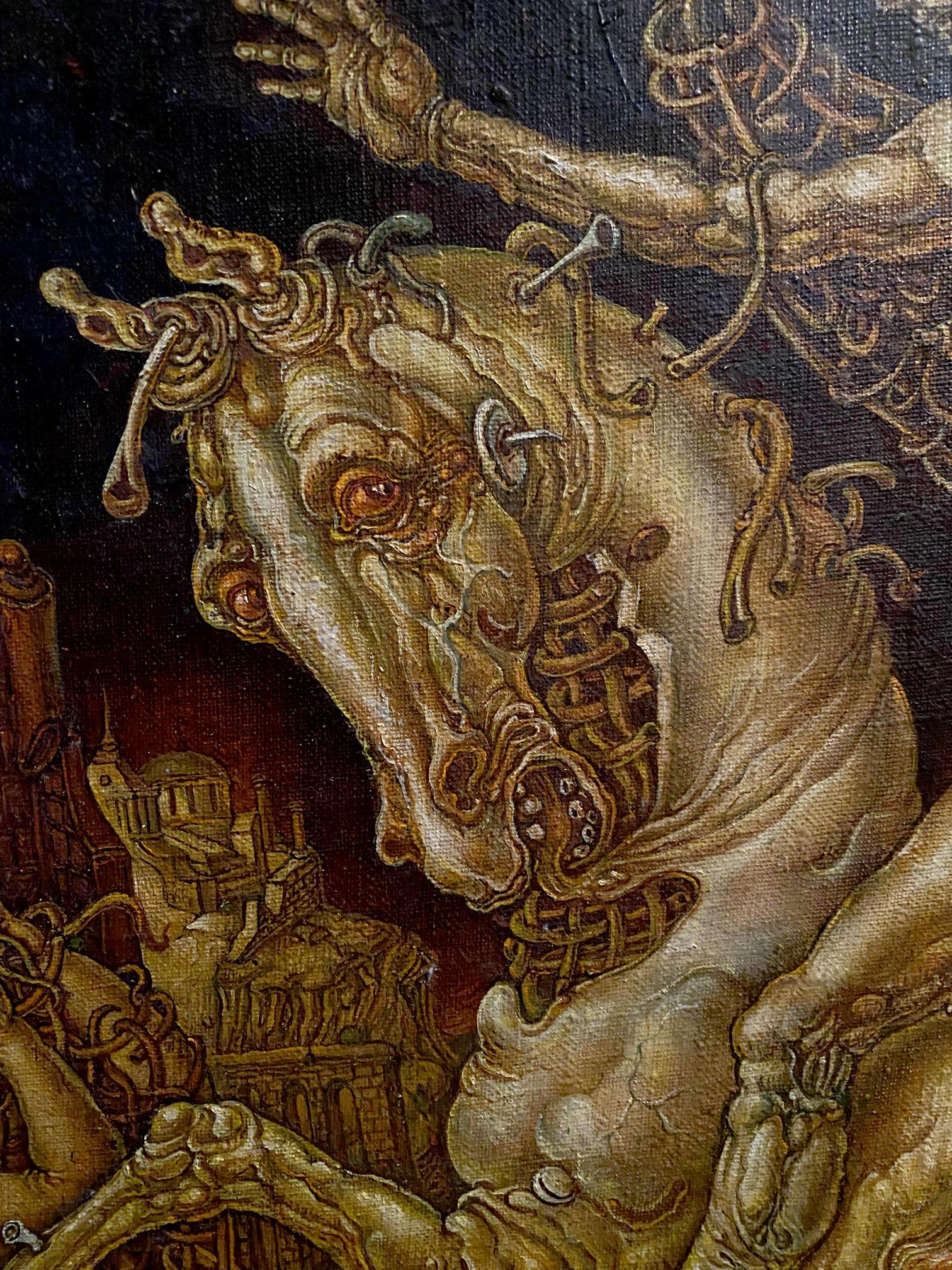 Oil painting The celebration of death is underway by Oleg Litvinov grotesque golden creature