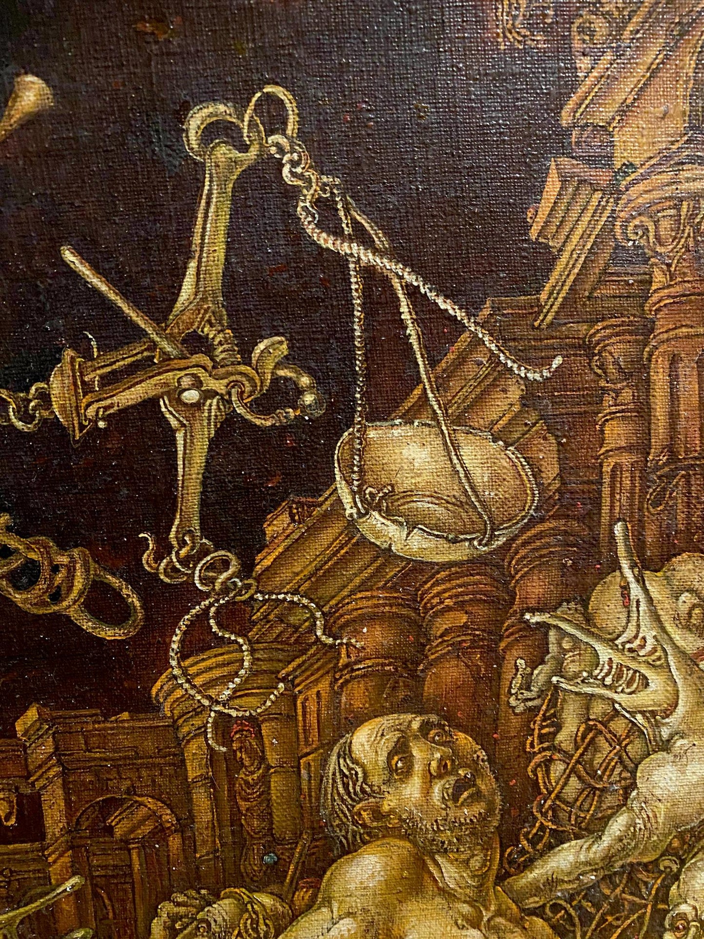 Oil painting The celebration of death is underway by Oleg Litvinov: golden scale above distressed figure