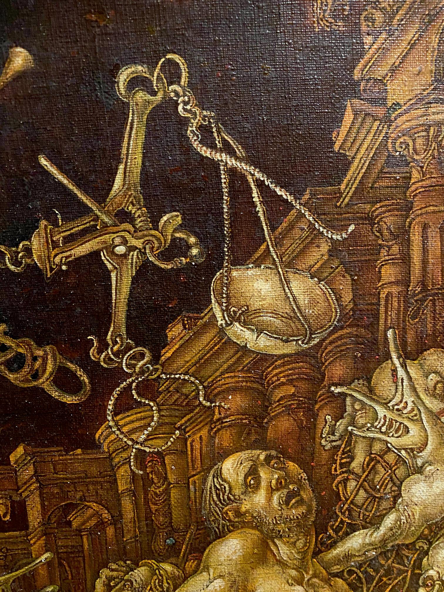 Oil painting The celebration of death is underway by Oleg Litvinov: golden scale above distressed figure