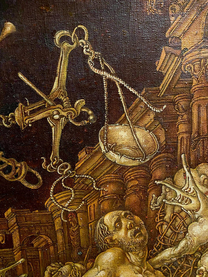 Oil painting The celebration of death is underway by Oleg Litvinov: golden scale above distressed figure