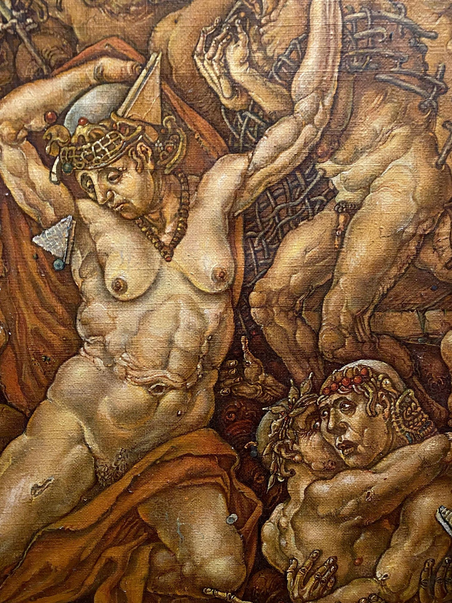 Muscular nude king with red necklace reclines on orange cloth, Oleg Litvinov oil painting