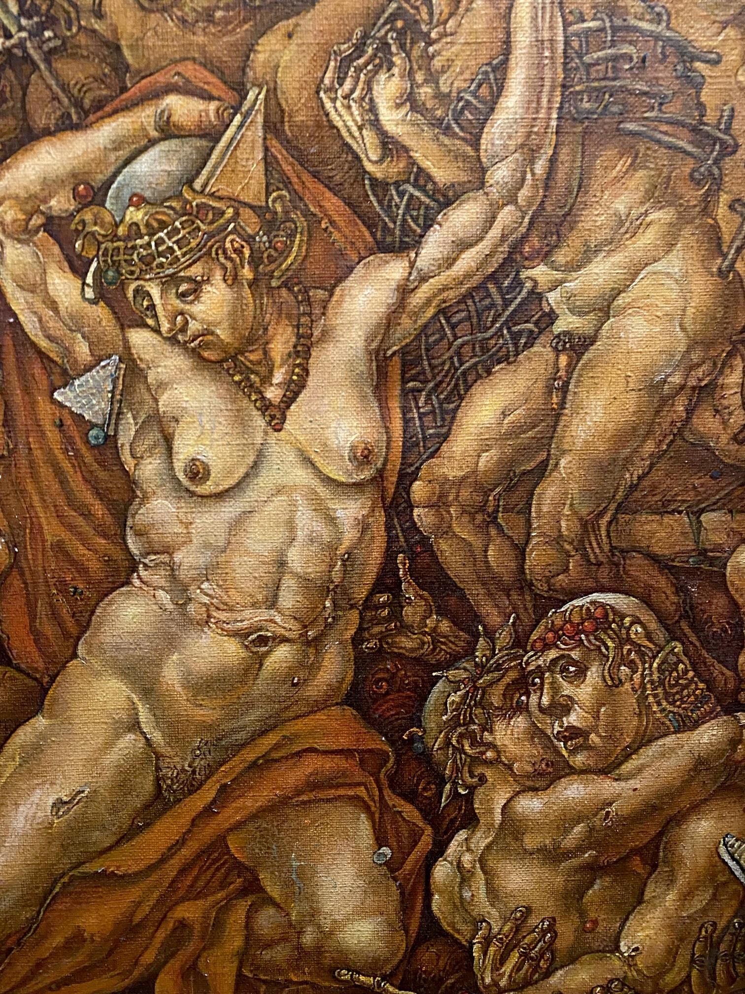 Muscular nude king with red necklace reclines on orange cloth, Oleg Litvinov oil painting