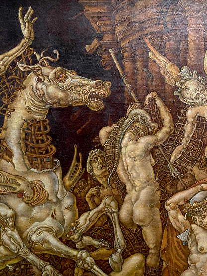 Surreal oil painting The Triumph of Death by Oleg Litvinov: skeletal horse