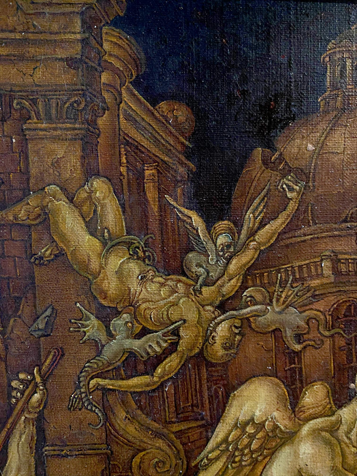 Golden winged angel with skull head triumphs over ruins in Oleg Litvinov oil painting