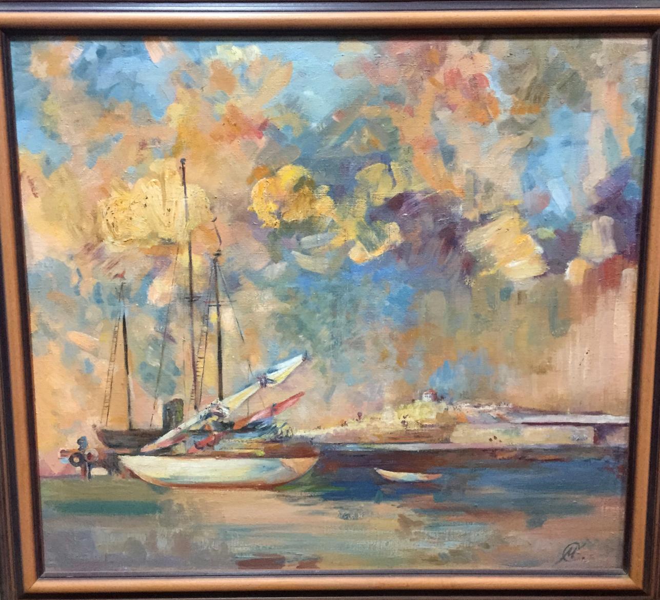 Framed original oil painting of impressionist sailboats under vibrant sky