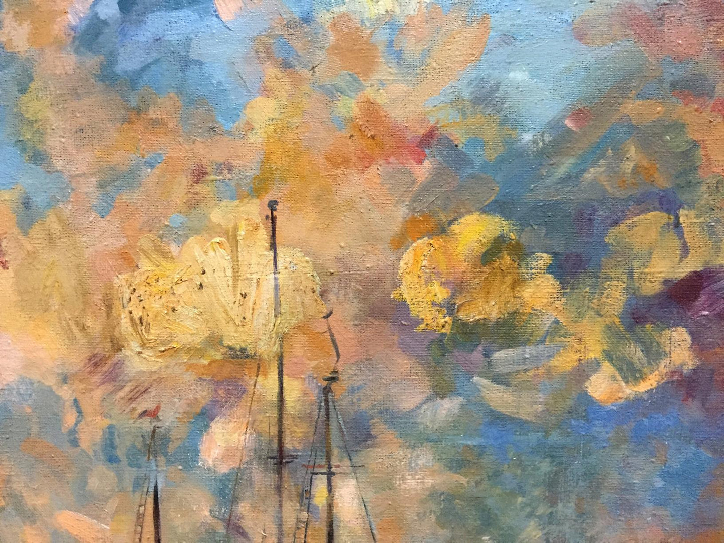 Abstract oil painting of ships with bold blue yellow orange brushstrokes