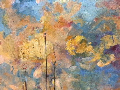 Abstract oil painting of ships with bold blue yellow orange brushstrokes