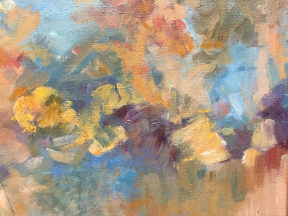 Abstract oil painting with bold yellow, blue, orange, purple strokes, original ships picture