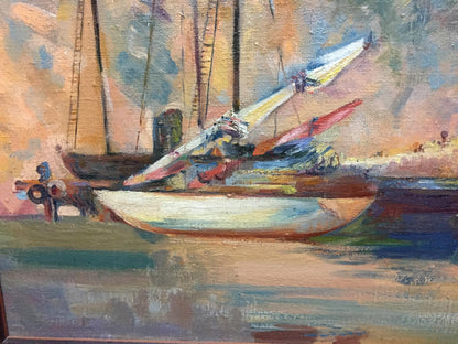 Oil painting of white sailboat with colorful sails docked under impressionistic sky