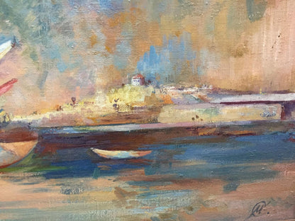 Serene impressionistic oil painting of ships on waterfront in blues and earth tones