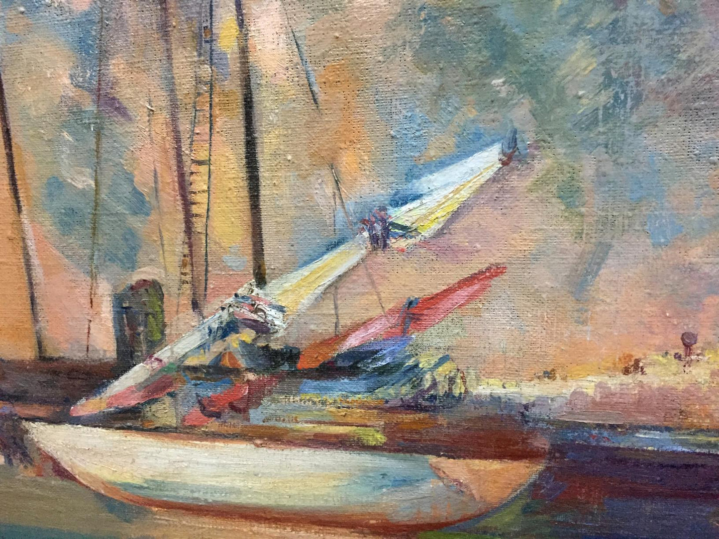 Vibrant impressionistic oil painting of sailboat with white yellow sail on water