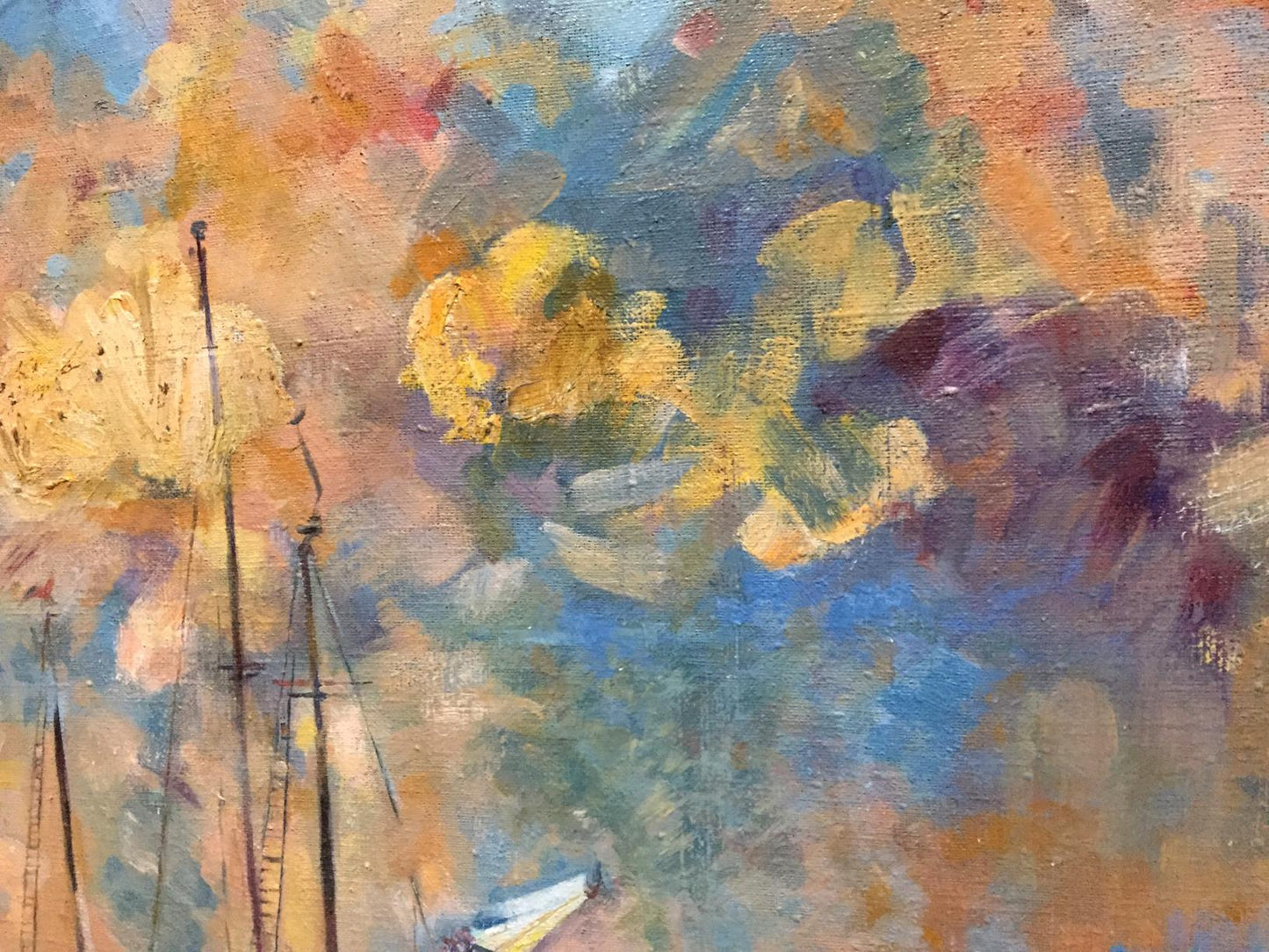 Abstract oil painting of ships with bold yellow, blue, orange strokes
