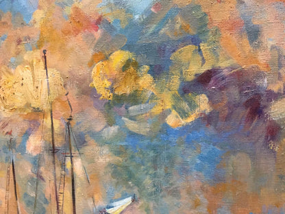 Abstract oil painting of ships with bold yellow, blue, orange strokes