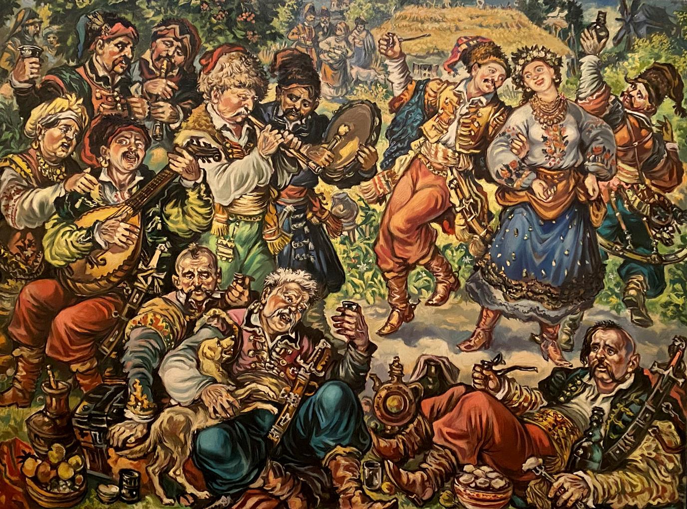 Oil painting Cossack fun by Alexander Arkadievich Litvinov vibrant folk dance