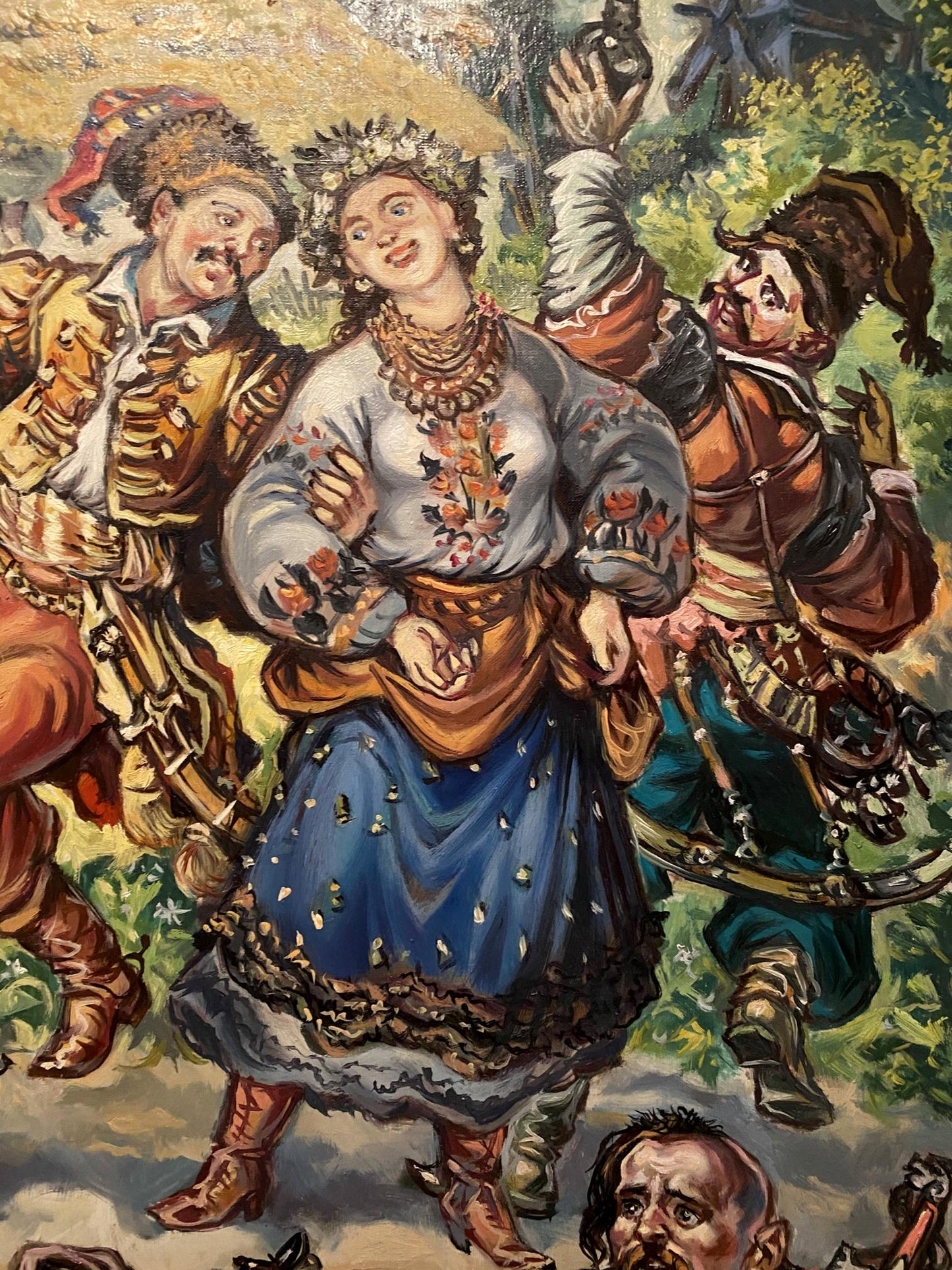 Oil painting Cossack fun by Alexander Arkadievich Litvinov: woman in embroidered blouse and skirt