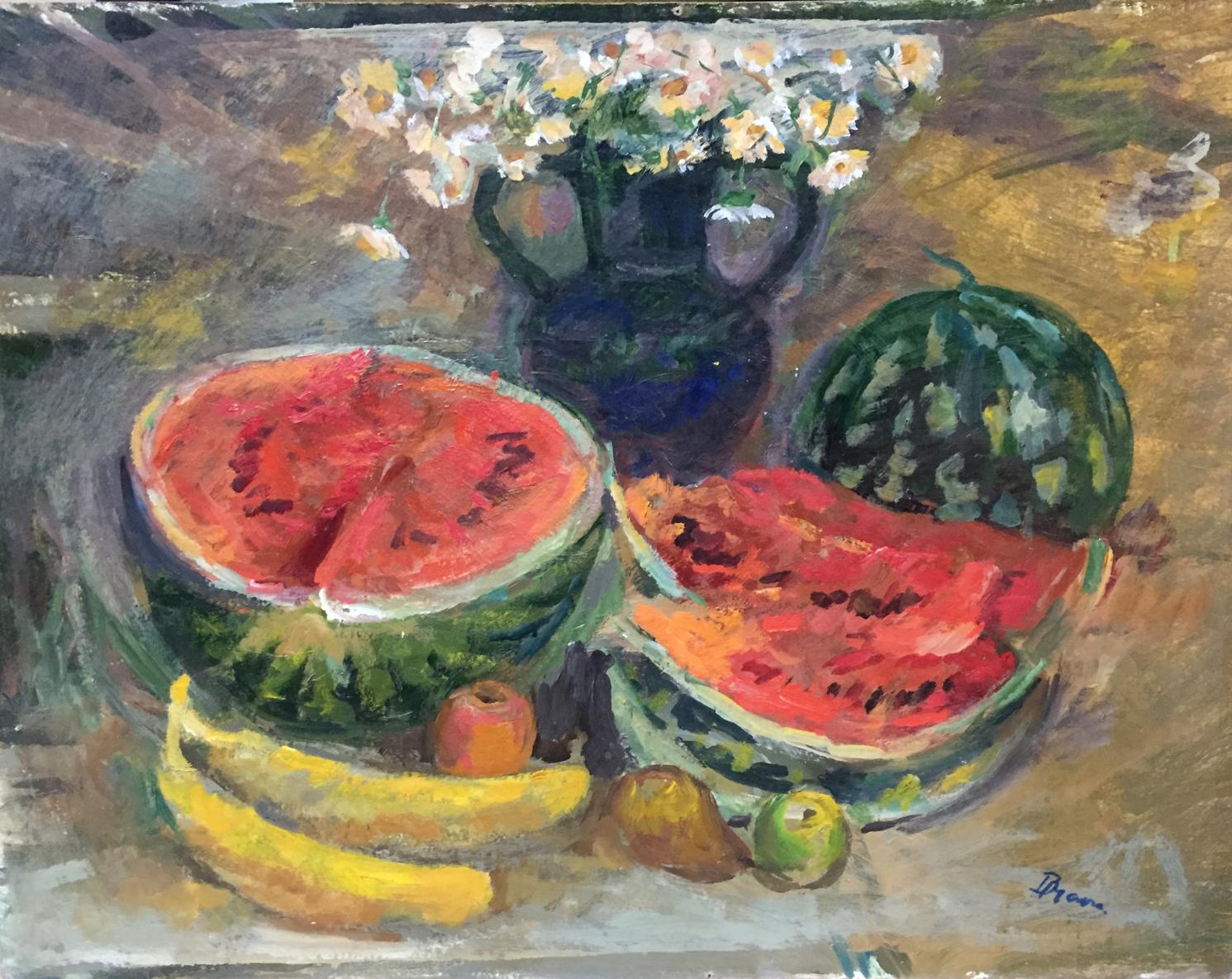 Vibrant impressionistic oil painting of halved watermelon with red flesh and green rind