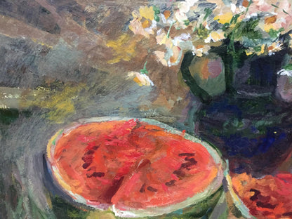 Vibrant impressionistic oil painting of red watermelon slice with seeds and rind
