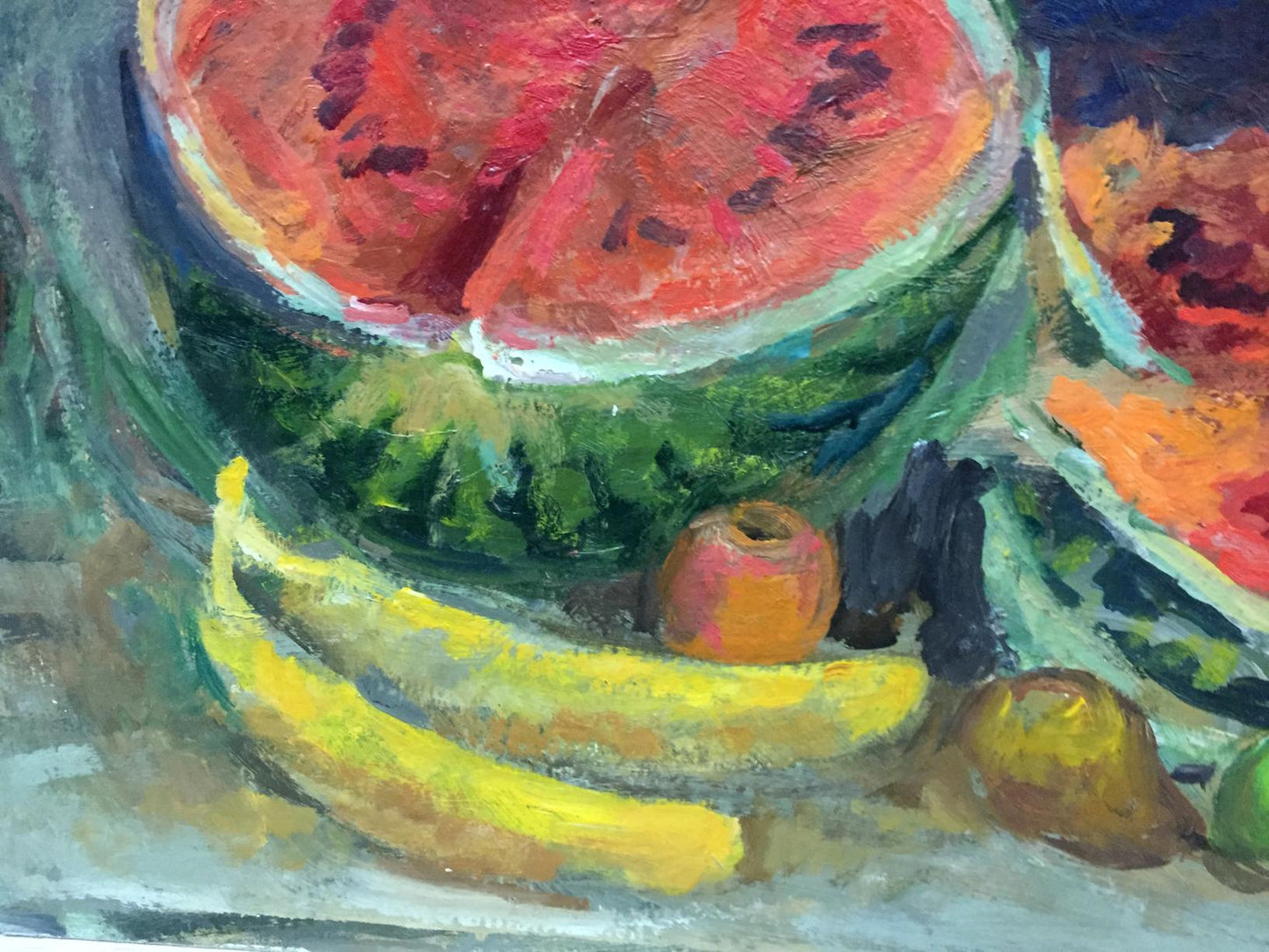 Vibrant original oil painting of sliced watermelon with red flesh and green rind