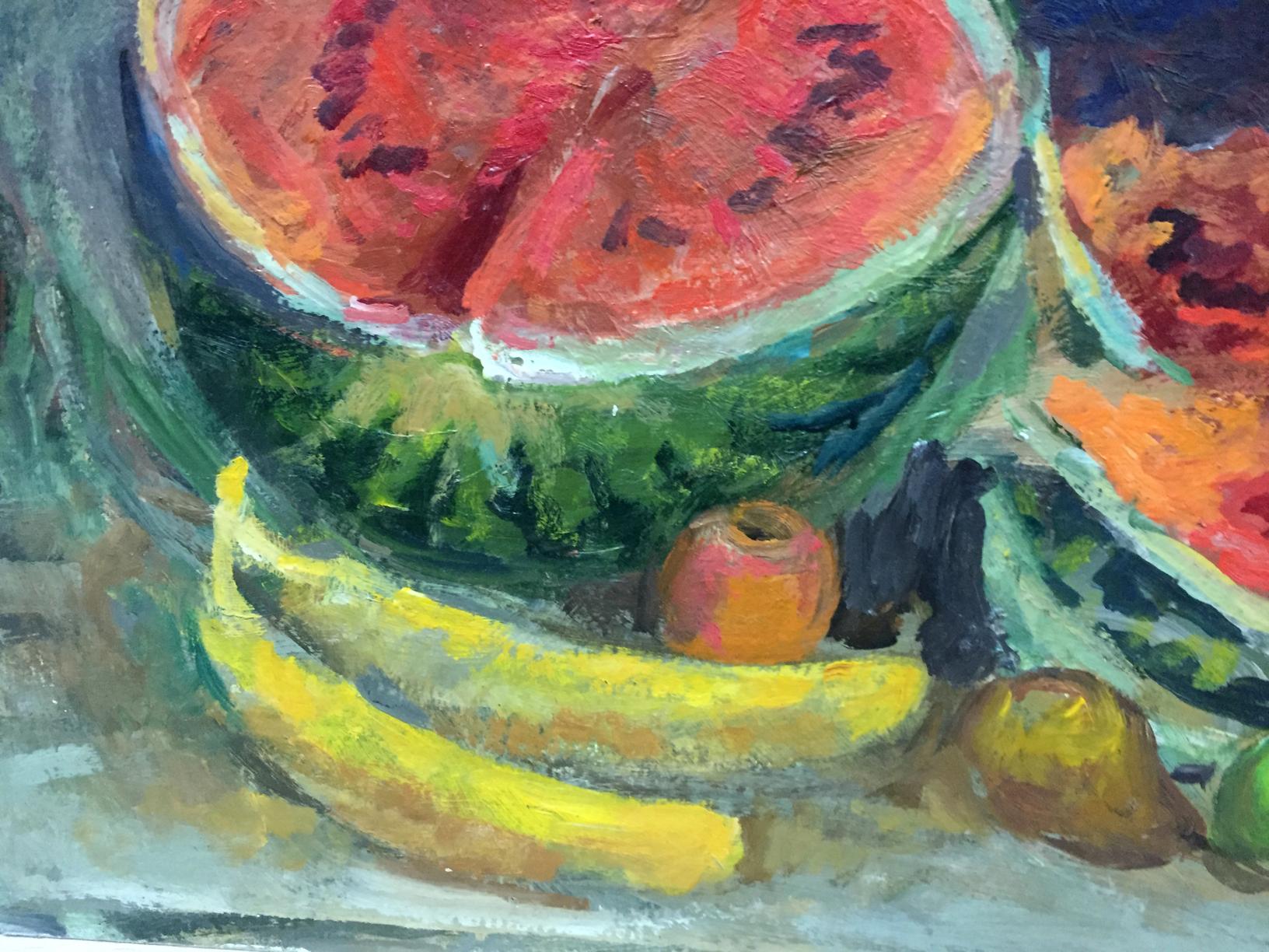 Vibrant original oil painting of sliced watermelon with red flesh and green rind