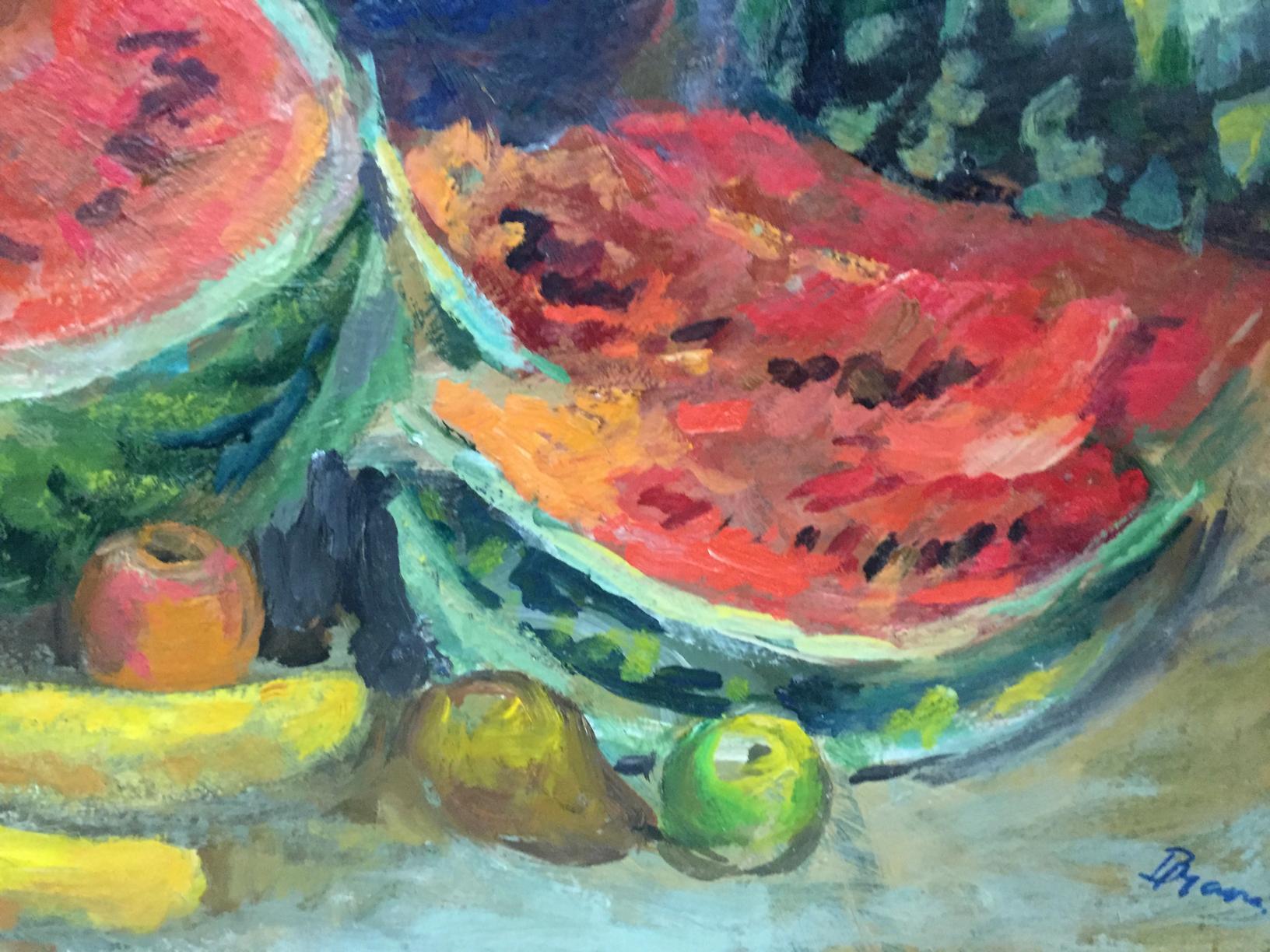 Vibrant original oil painting of two sliced watermelons