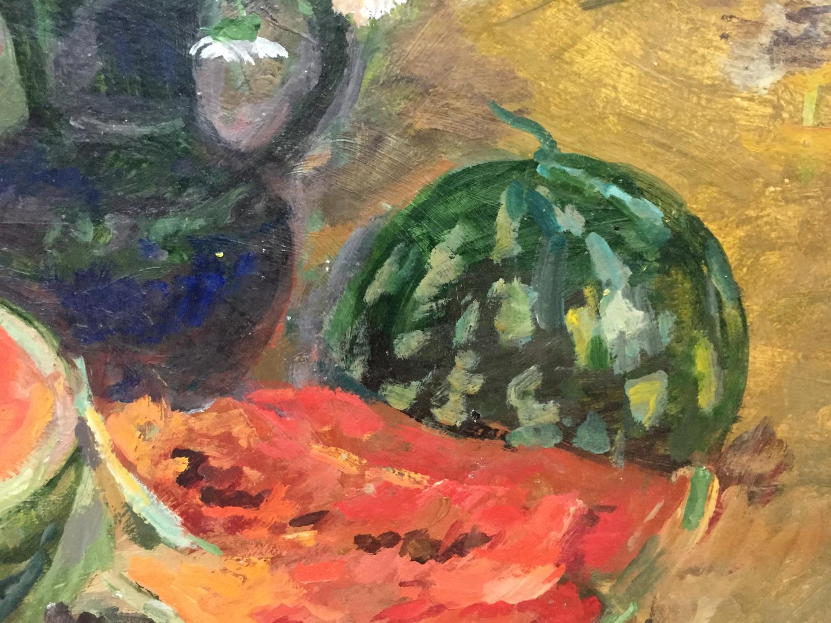 Vibrant green striped watermelon oil painting original artwork