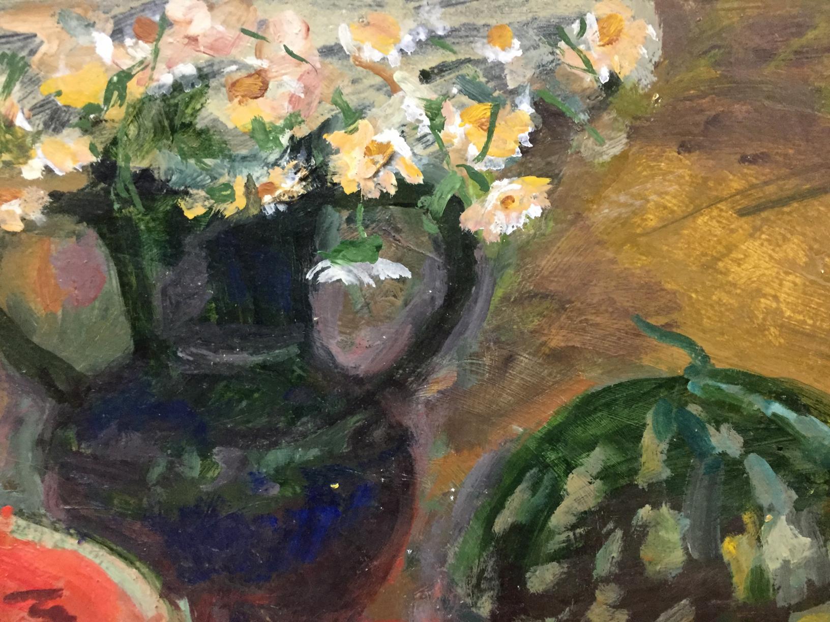 Vibrant original oil painting of yellow white daisies in vases with green watermelon