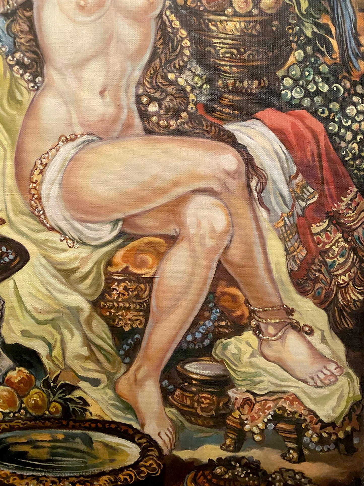 Oil painting of nude Bathsheba by Litvinov on ornate throne