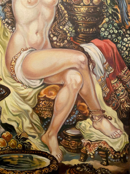 Oil painting of nude Bathsheba by Litvinov on ornate throne