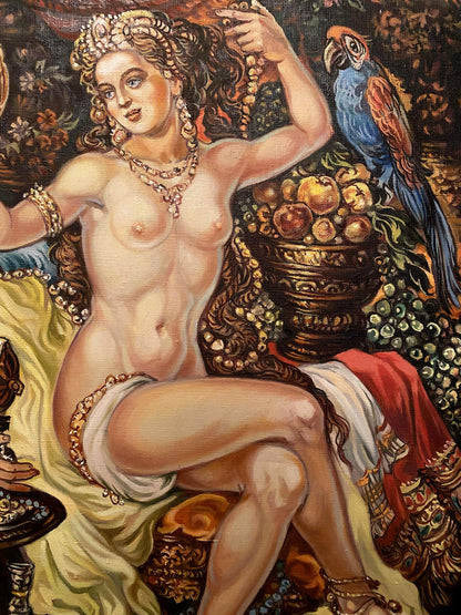 Oil painting of Bathsheba by Alexander Arkadievich Litvinov, nude woman in gold jewelry