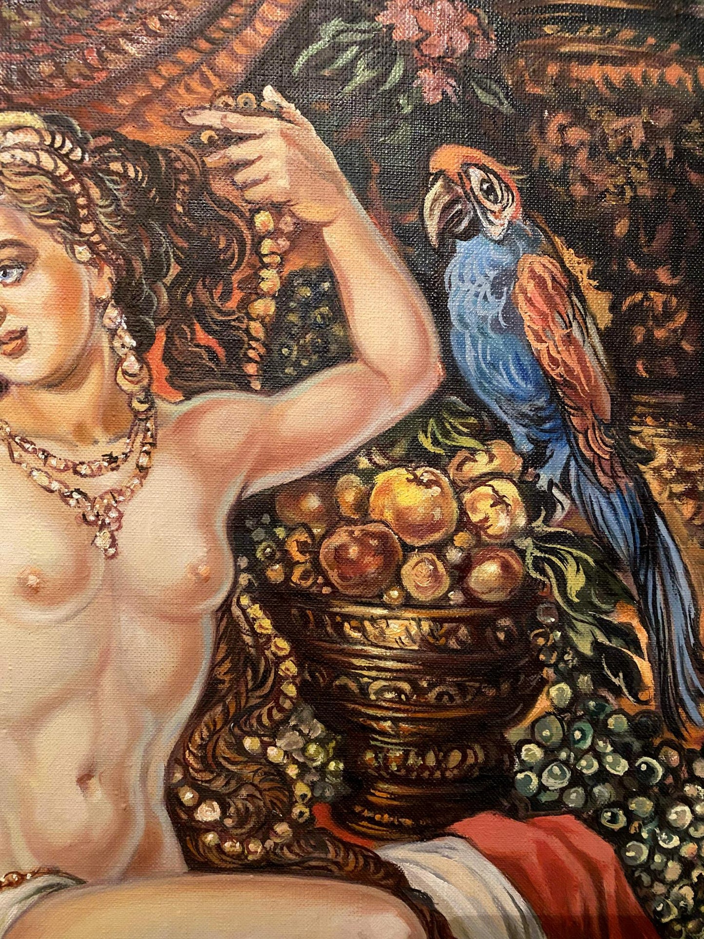 Oil painting of Bathsheba by Litvinov, nude with gold jewelry, fruit bowl, parrot