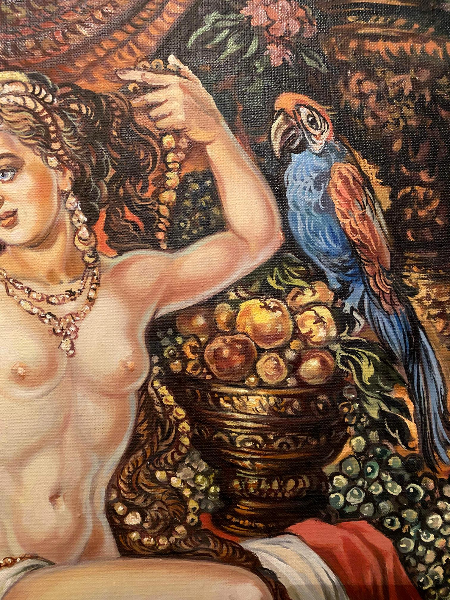 Oil painting of Bathsheba by Litvinov, nude with gold jewelry, fruit bowl, parrot