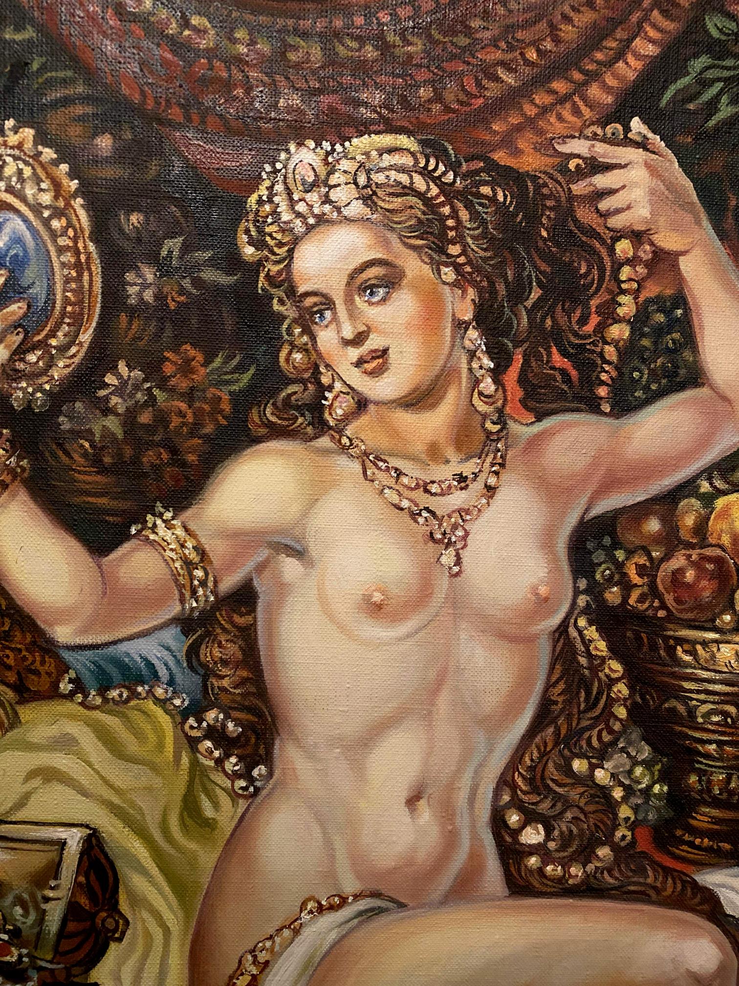 Oil painting of Bathsheba by Alexander Arkadievich Litvinov, nude with gold jewelry