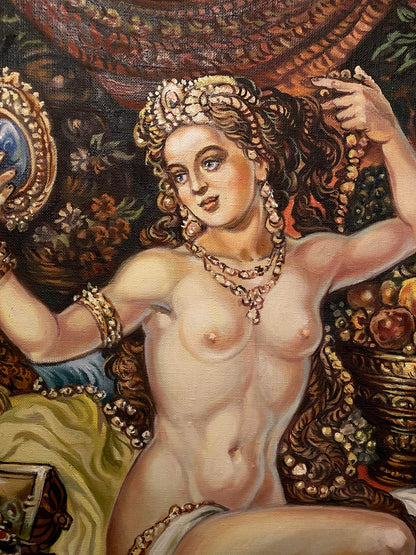 Oil painting of Bathsheba by Alexander Arkadievich Litvinov, nude with gold jewelry