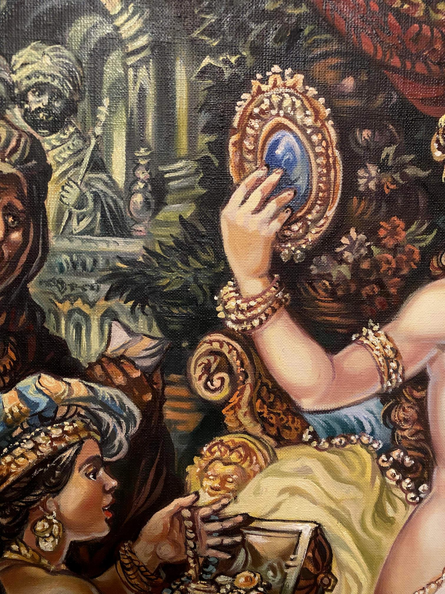 Oil painting of Bathsheba by Alexander Arkadievich Litvinov in ornate gold-framed oval mirror with deep blue gemstone center
