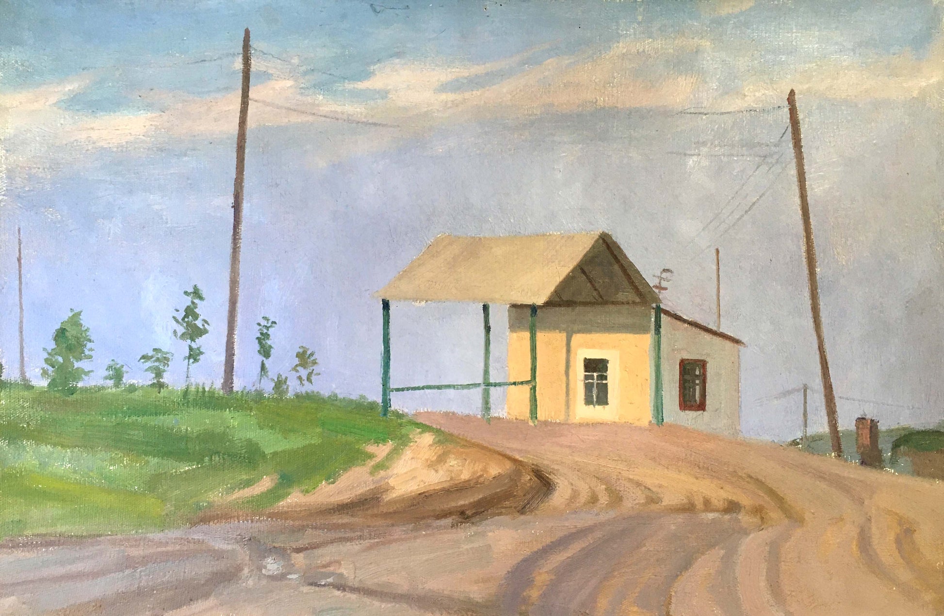 Oil painting of pale yellow house on dirt road by Chernikov Vladimir Mikhailovich