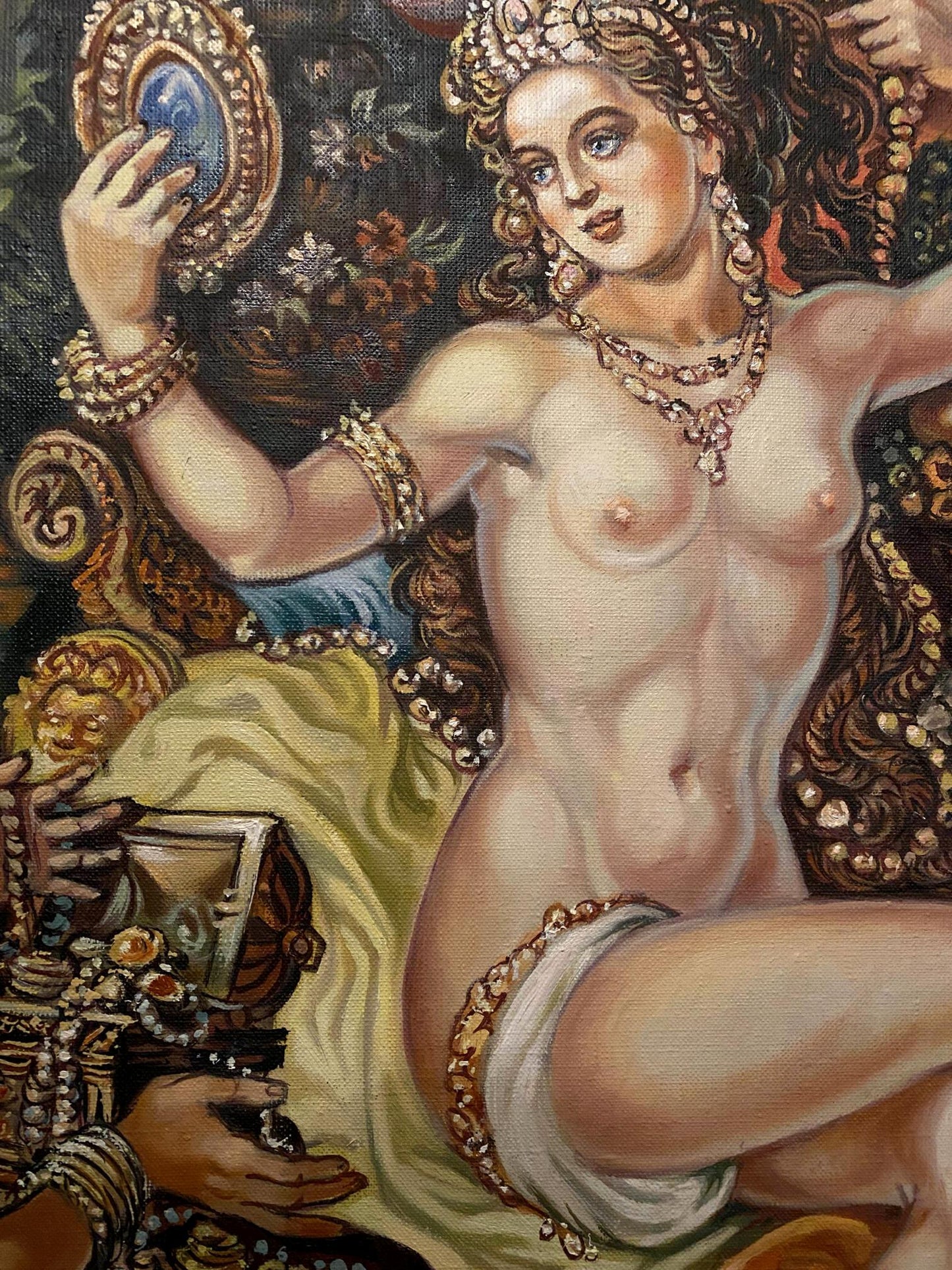 Oil painting of Bathsheba by Litvinov in gilded ornate blue mirror