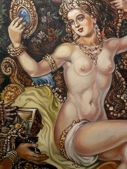Oil painting of Bathsheba by Litvinov in gilded ornate blue mirror
