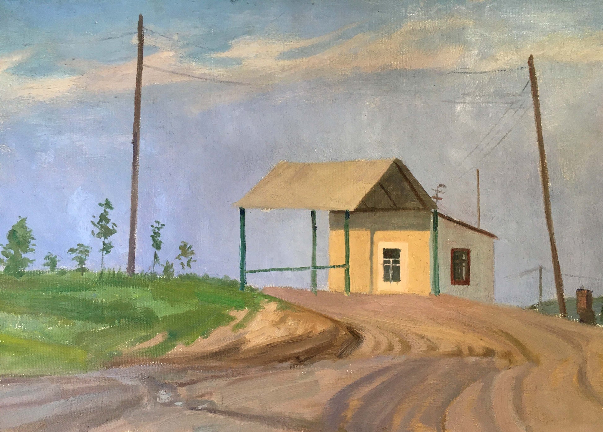 Oil painting of small yellow house on dirt road by Chernikov Vladimir Mikhailovich
