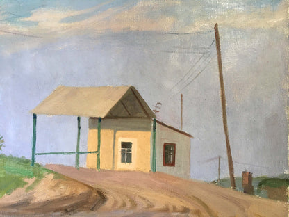 Oil painting of small pale yellow house with brown roof by Chernikov Vladimir Mikhailovich