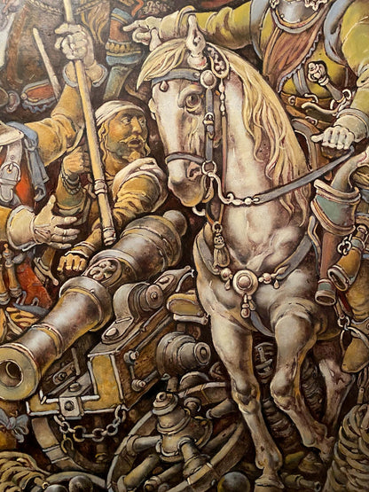 Oil painting of Ivan Bohun on white horse with gold tack by Litvinov Oleg Arkad’yevich