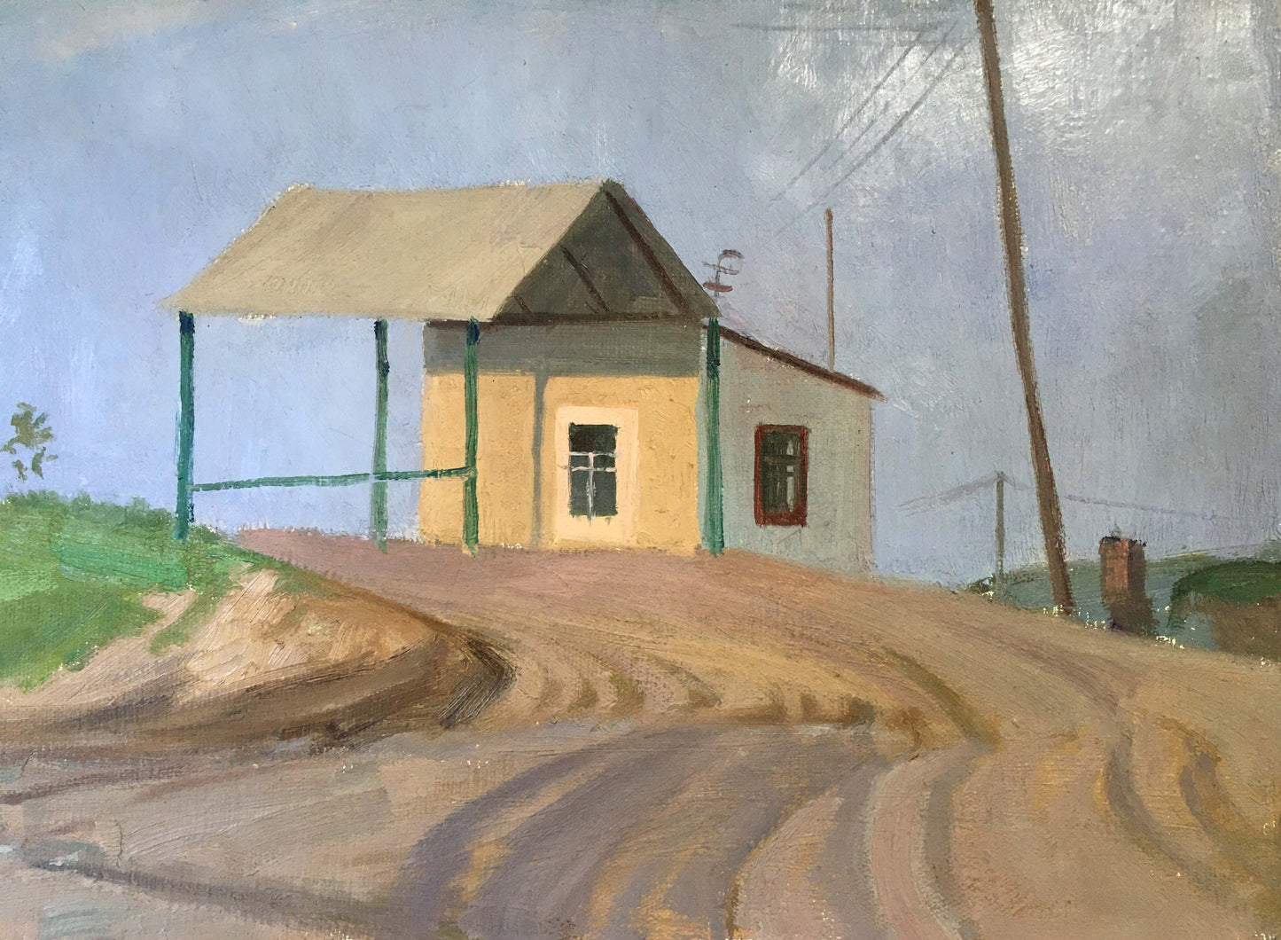 Oil painting by Chernikov Vladimir Mikhailovich: beige house on dirt road outskirts