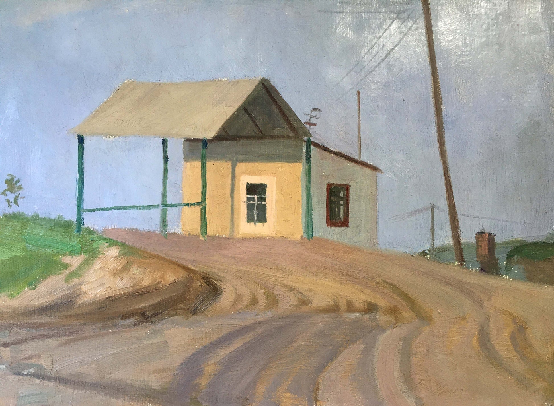 Oil painting by Chernikov Vladimir Mikhailovich: beige house on dirt road outskirts
